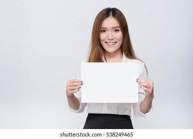 Attractive Young Beautiful  Asian Student Woman Holding Blank White Paper