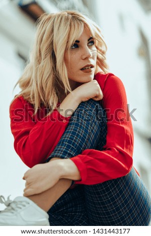 Similar – Image, Stock Photo Blonde woman portrait with the hands in her hat, discovering the forest.