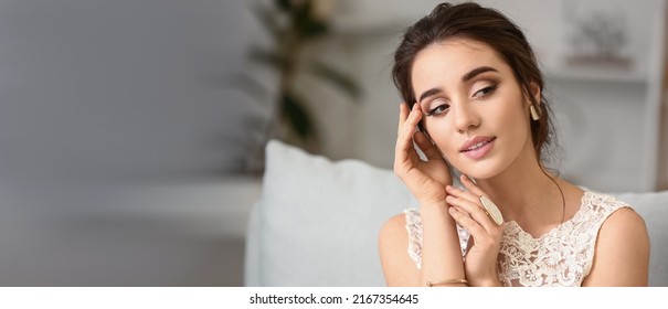 Attractive young bride at home. Banner for design - Shutterstock ID 2167354645