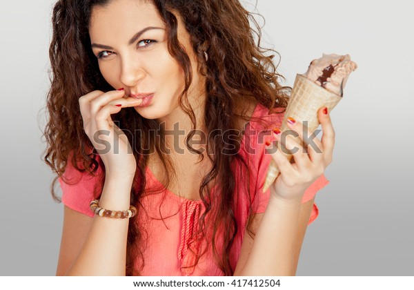 Attractive Young Brunette Curly Hair Eats Stock Photo Edit Now 417412504