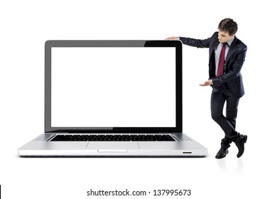 Attractive Young Business Man With Laptop On White Background