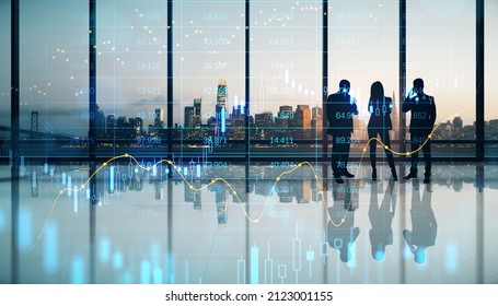 Attractive Young Businessmen And Women Working Together In Modern Office Interior With Panoramic City View, Glowing Forex Big Data Index Chart And Toning. 