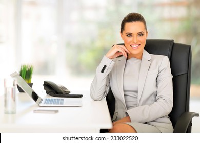 attractive young businesswoman in office looking at the camera