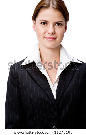 An attractive young businesswoman in suit jacket on white background