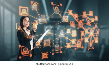 Attractive young caucasian businesswoman using glowing people interface hologram on blurry office interior background. Social network and safety concept. Double exposure 