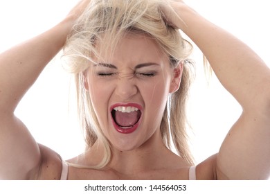 Attractive Young Caucasian Woman, Frustrated, Anxious And Bored By Coronavirus Covid-19 Self Isolating, Isolated On White - Shutterstock ID 144564053