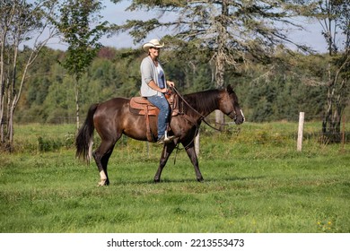 Attractive Young Cowgirl Is Riding Her Beautiful Quarter Horse Mare In A Green Field On A Beautiful Sunny Morning.  Rider. Western Rider.  Equine. Horse. Field. Saddle. Cowboy Hat. Bridle. Bay Mare. 