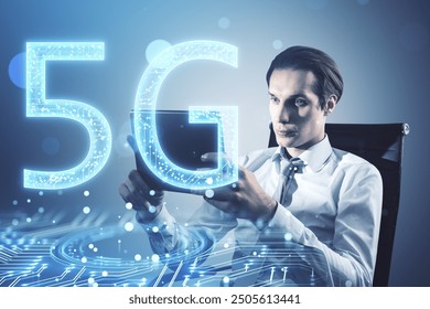 Attractive young european businessman sitting and using tablet with glowing 5G circuit hologram on blurry bokeh circles background. Mobile internet speed concept. Double exposure - Powered by Shutterstock