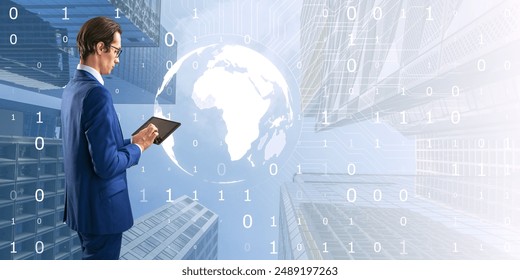 Attractive young european businessman using tablet with light digital globe on bright tech city background with mock up place. Double exposure
