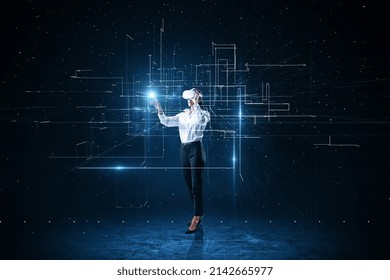 Attractive young european businesswoman with vr glasses using abstract glowing lines interface on dark background. Big data, metaverse and connection concept