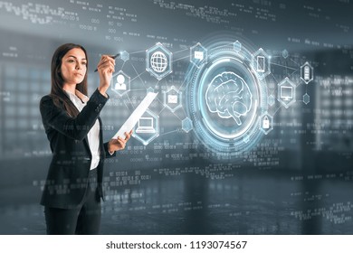 Attractive young european woman drawing creative ai interface in blurry interior. Future and robotics concept. Double exposure 