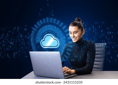 Attractive young european woman using laptop at desk with creative glowing cloud computing hologram with binary coding on dark blue background. Digital server, support and network concept - Powered by Shutterstock