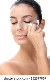 Attractive Young Female Removing Eye Makeup By Cotton Wool.