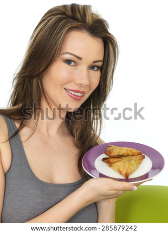 Attractive Young Happy Woman Holding a Plate of Indian Style Spicy Samosa Savory Snacks