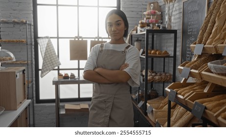 Attractive young hispanic woman with brunette hair stands with arms crossed in a cozy indoor bakery room filled with fresh bread and pastries, showcasing a charming shop interior. - Powered by Shutterstock