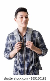 Attractive Young Male Traveler, Closeup Portrait On White Background.