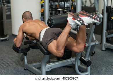 Attractive Young Man Doing Lying Leg Curls On Machine In Gym