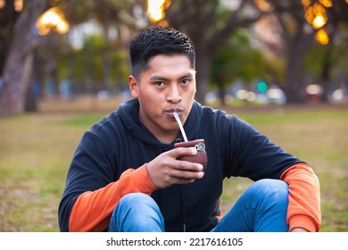 Attractive Young Man Drinking Yerba Mate, Herbal Tea