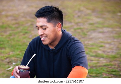 Attractive Young Man Drinking Yerba Mate, Herbal Tea