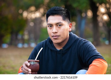 Attractive Young Man Drinking Yerba Mate, Herbal Tea