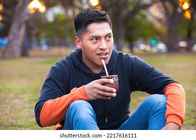 Attractive Young Man Drinking Yerba Mate, Herbal Tea