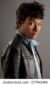 Attractive Young Man With Faux Hawk And Leather Jacket