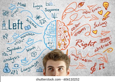 Attractive Young Man On Concrete Background With Brain Sketch. Creative And Analytical Thinking Concept