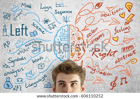 Attractive young man on concrete background with brain sketch. Creative and analytical thinking concept