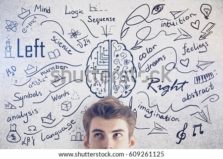 Attractive young man on concrete background with creative sketch. Different brain sides concept