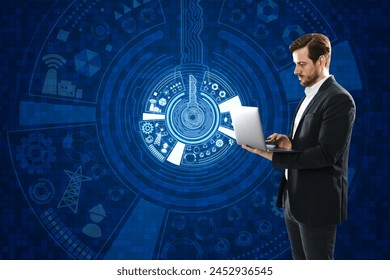 Attractive young man using laptop with creative round digital key hologram on blue tech background. Concept of cyber security or private key, abstract digital key with technology interface - Powered by Shutterstock