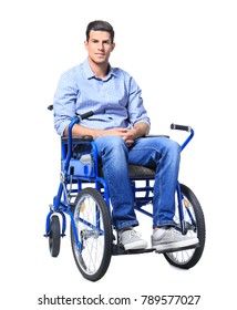 Attractive Young Man In Wheelchair On White Background