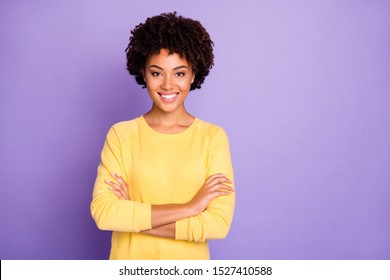 Attractive Young Representative Of Business People Community Standing Confidently With Arms Crossed Smiling Toothily Wearing Yellow Sweater Isolated Over Purple Pastel Color Background