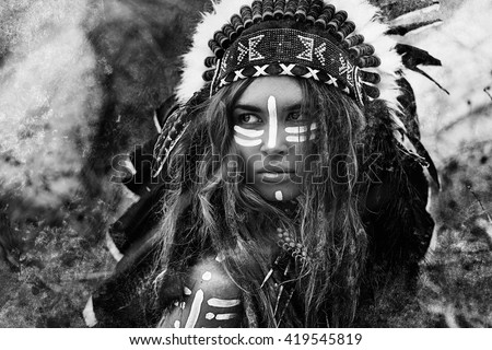 Attractive young woman in chieftain. Black and white portrait. Indian style