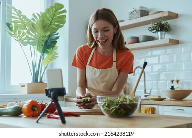 Attractive Young Woman Cooking Vlogging While Stock Photo 2164238119 ...