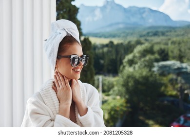 Attractive Young Woman Good Mood Morning Mountains Landscape Relaxation Concept