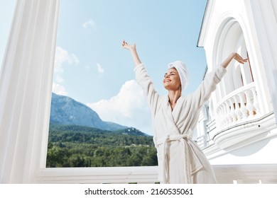 Attractive young woman good mood morning mountains landscape unaltered