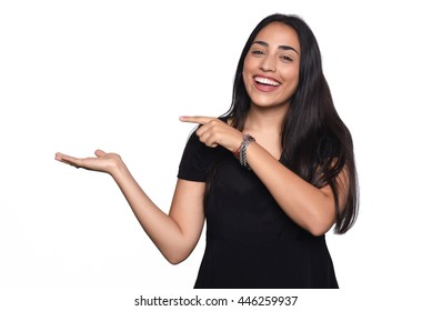 Attractive Young Woman Holding Something On The Palm. Isolated White Background.