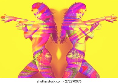 attractive young woman in jeans and naked torso, double exposure