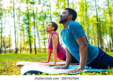 An Attractive Young Woman And Man Doing Yoga In Green Forest