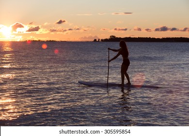 Attractive Young Woman Stand Up Paddle Boarding, Active Beach Lifestyle