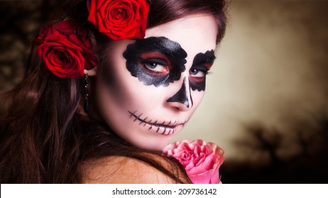Attractive Young Woman With Sugar Skull Makeup 