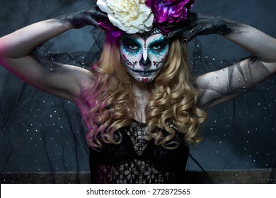 Attractive Young Woman With Sugar Skull Makeup