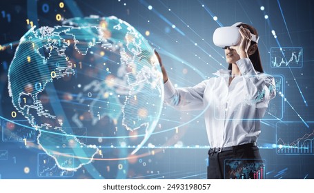 Attractive young woman with VR glasses using creative binary coding globe interface on blurry background. World map, virtual reality and global business technologies concept. Double exposure