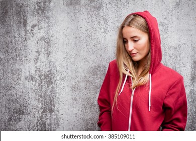 Attractive Young Woman Wearing Red Hoodie