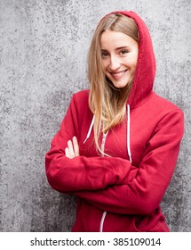 Attractive Young Woman Wearing Red Hoodie