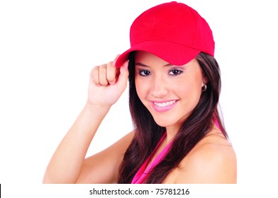 Attractive Young Woman Wearing A Red Baseball Cap