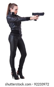 Attractive young women holding weapons, isolated on white background.