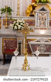 Attributes Of The Catholic Church - Candles In Clay Candlesticks On The Altar For Services