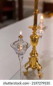 Attributes Of The Catholic Church - Candles In Clay Candlesticks On The Altar For Services