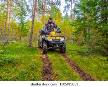  ATV. A Man Rides Through The Forest On An All-terrain Vehicle. Quad Bike. In The Woods. Trip To The Forest On ATV. 